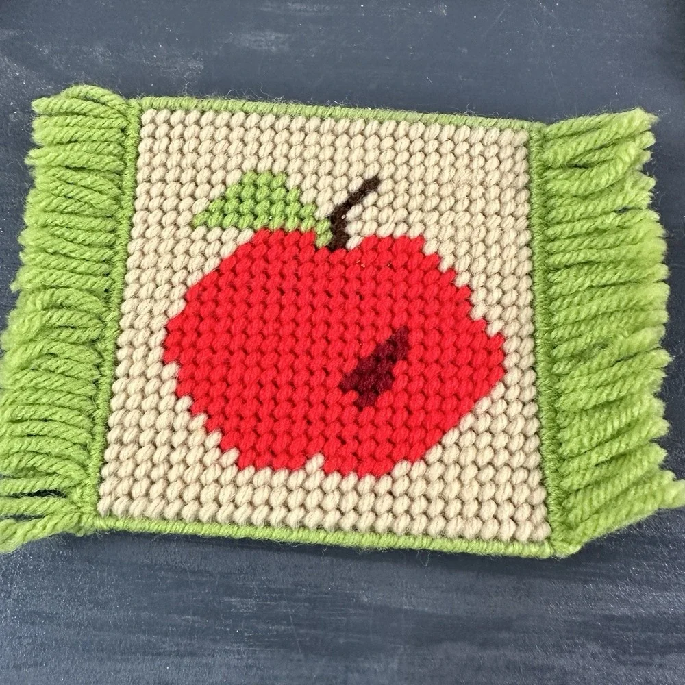 Vintage Handmade Needlepoint Coasters Fruit Apple Set of 4‎ - EUC - Picture 2 of 5